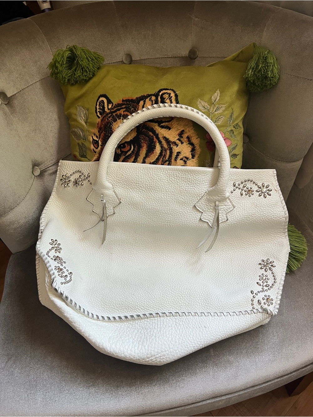 Tylie Malibu White Leather Studded Tote
